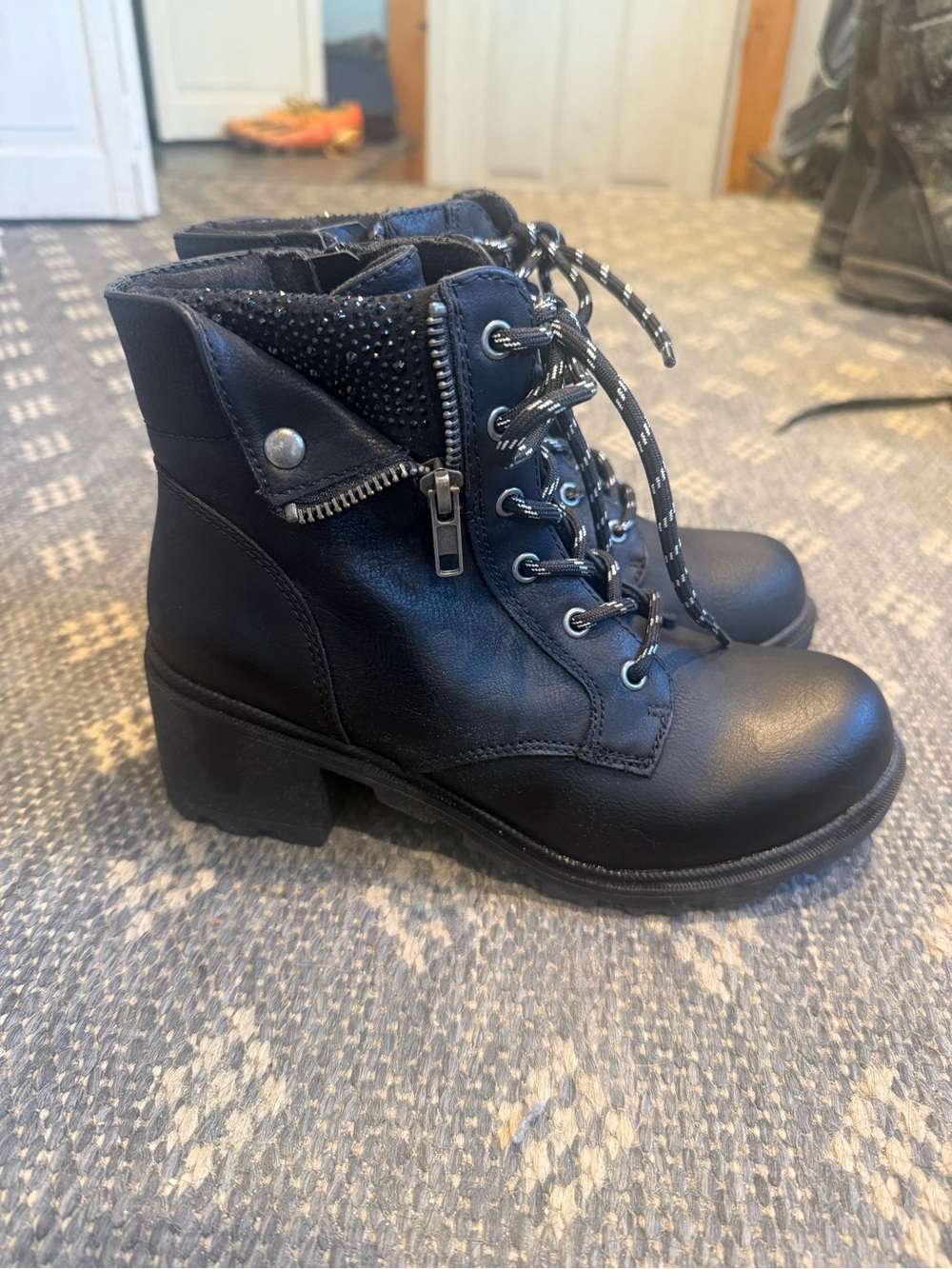 Girls Black Lace-Up Ankle Boots with Side Zip